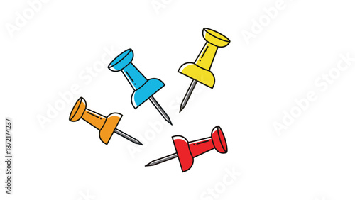 Four colorful plastic push pins with sharp metal points scattered on a white background for office and stationery supply concepts.