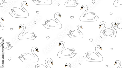 Elegant seamless pattern with white swans swimming and small hearts on a plain white background for nursery and wedding stationery.