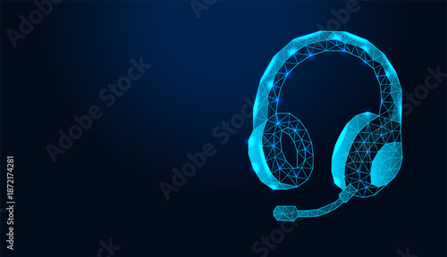 Low poly wireframe gaming headset with microphone on dark blue background.