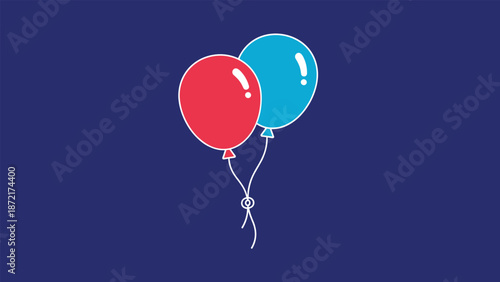 Two floating balloons in red and blue colors tied together with string on a dark blue background for party and celebration themes.