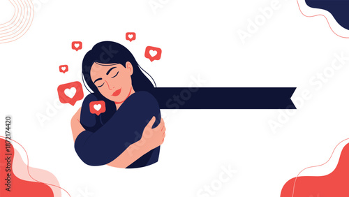 Illustration of a woman hugging herself with her eyes closed surrounded by heart like icons on a white background representing self-love.