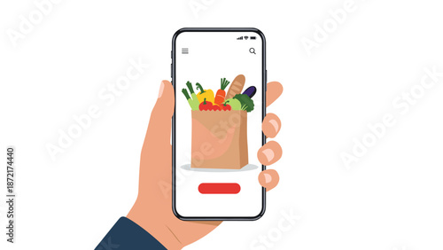 Close-up of a hand holding a smartphone displaying a paper bag full of fresh vegetables for online grocery shopping and delivery services.