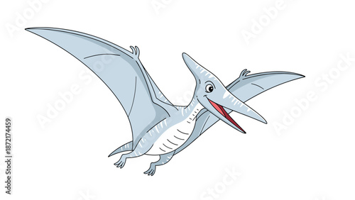 Cartoon illustration of a blue pterodactyl dinosaur with a long beak and large wings flying against a plain white background for kids.