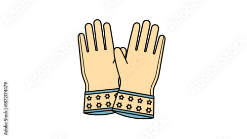 Pair of yellow work gloves with blue and white cuffs decorated with a pattern of stars isolated on a white background for gardening.