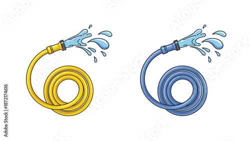 Illustration of two coiled garden hoses in bright yellow and blue colors spraying fresh water from their nozzles on a white background.