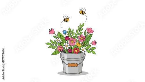 Charming illustration of a silver metal bucket overflowing with a variety of colorful wildflowers while two busy bees fly above.
