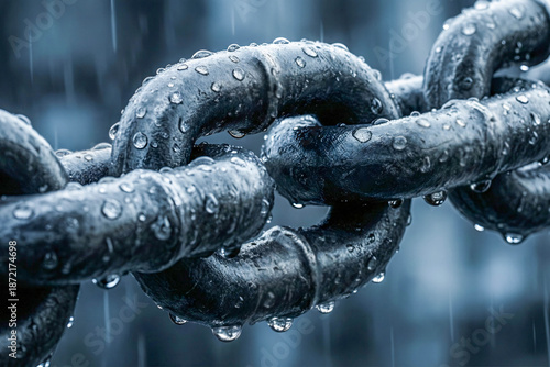 Heavy iron chain links covered in water droplets during a rainstorm. Macro shot with shallow depth of field, cool blue tones, and a blurred background.