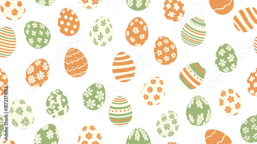 Festive seamless pattern background featuring numerous decorated Easter eggs with various floral and geometric designs in spring colors.