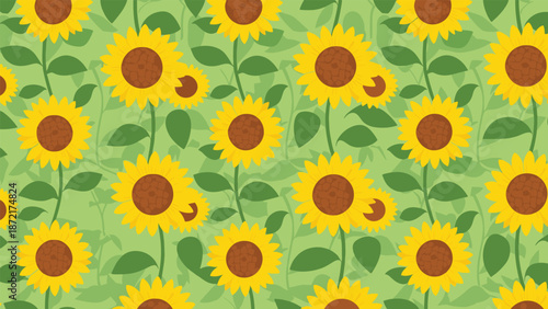 Bright and cheerful seamless pattern featuring tall sunflowers with large yellow petals and green leaves on a soft green background.