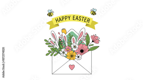Happy Easter greeting illustration featuring a white envelope overflowing with colorful spring flowers and cute white bunny ears.