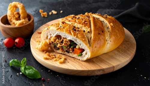 Delicious stuffed bread loaf with savory filling, served with onion rings and cherry tomatoes