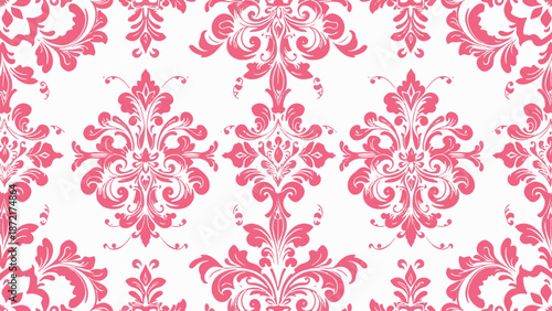 Luxurious baroque-inspired damask featuring intricate botanical details and symmetrical arrangement across a deep-toned background