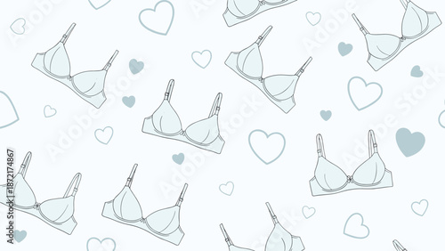 Subtle and feminine seamless pattern background featuring light blue bras and soft blue hearts on a light blue background.