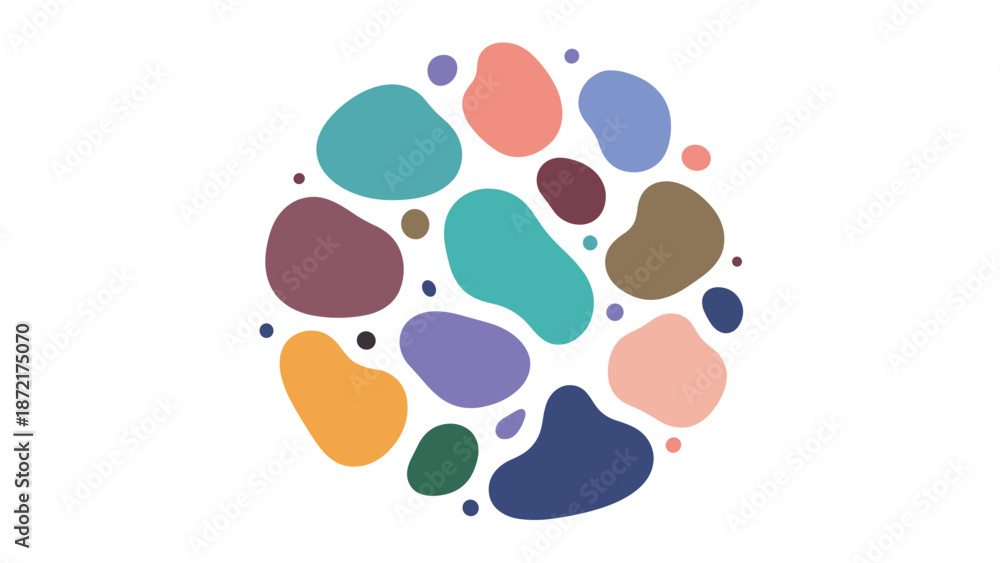 Fototapeta premium Abstract composition of organic rounded shapes in various muted colors arranged in a circular pattern on a white background.