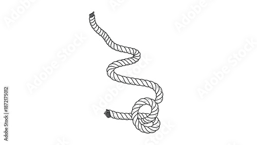 Detailed black and white line art illustration of a piece of thick twisted rope with a single knot at one end.
