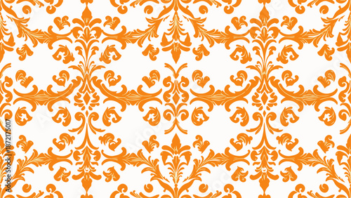 Classic vintage wallpaper pattern with repeating floral emblems and elegant scrollwork forming a cohesive decorative surface