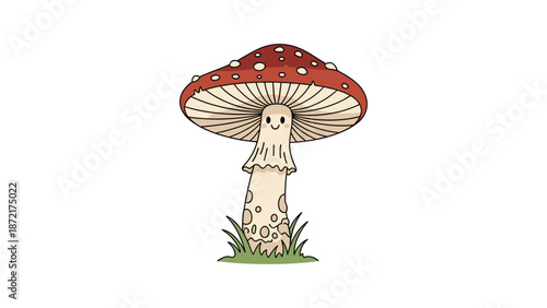 Charming cartoon illustration of a large red and white spotted mushroom character with a sweet smiling face growing in grass.