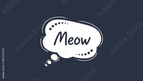 Simple and cute speech bubble illustration with the text meow on a dark blue background perfect for cat lovers.