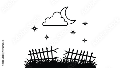 Simple black and white line art illustration of a night landscape featuring a crescent moon, clouds, stars, and a broken fence in the grass.
