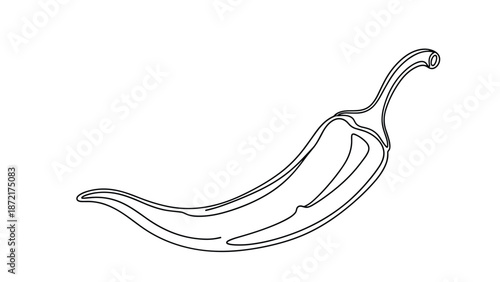 Black and white contour drawing of a single hot chili pepper showing its characteristic curved shape and stem on a white background.