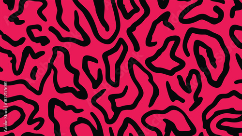 Vibrant pink background covered with thick irregular black lines creating a bold abstract camouflage or animal print pattern style.