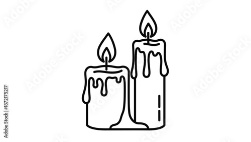 Black and white line art of two burning candles of different heights with melting wax dripping down their sides on a white background.