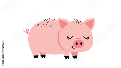 Cute pink pig cartoon character with closed eyes and a small smile standing on black hooves against a white background.