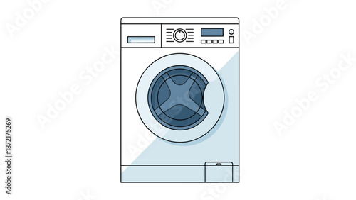 Front view of a modern white washing machine with a round glass door and control panel on its upper section for laundry concept.