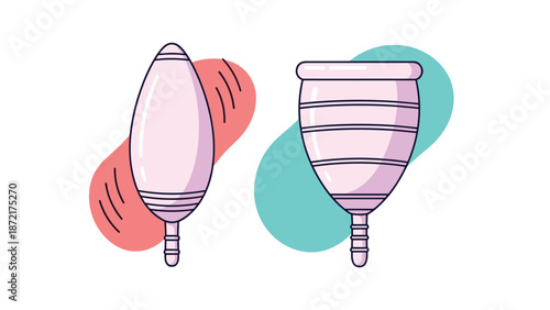 Two types of pink menstrual cups shown against abstract coral and teal backgrounds representing modern feminine hygiene products.