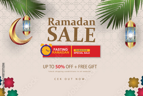 Ramadan Sale Vector Template Festive Ramadan celebration, featuring traditional Islamic elements and Arabic lamps. Suitable for banners, posters, and internet advertising.