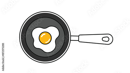 Top view illustration of a single fried egg with a bright yellow yolk cooking in a black frying pan with a white handle.