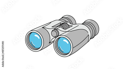 Pair of gray binoculars with blue lenses shown from a perspective view over a plain white background for observation theme.