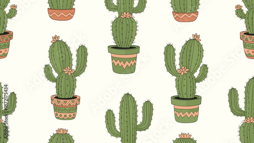 Seamless pattern of different types of cacti in decorated terracotta pots scattered across a light beige background for desert theme.