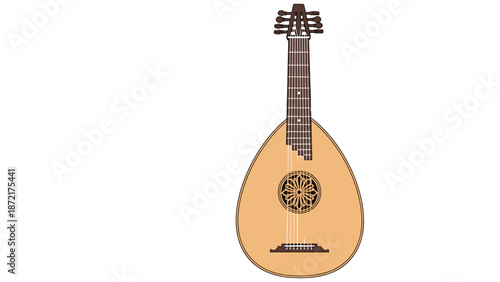 Traditional wooden mandolin instrument with strings and ornate sound hole shown vertically against a plain white background.
