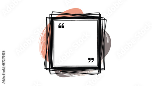 Abstract square frame designed with scribbled black lines and quotation marks featuring warm coral and neutral grey background spots for text.
