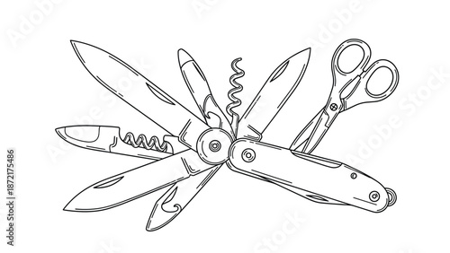 Multi-purpose pocket knife illustration showing various stainless steel blades, scissors, and a corkscrew open for utility and survival tasks.