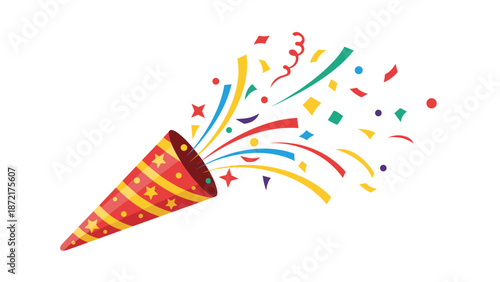 Colorful festive party popper exploding with a burst of multi-colored confetti, streamers, and stars to celebrate a joyful special occasion.