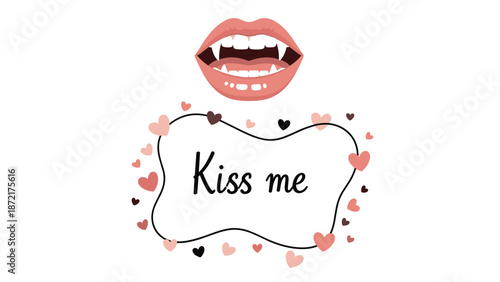 Seductive vampire lips with sharp white fangs positioned above a kiss me message box surrounded by various small floating heart shapes.