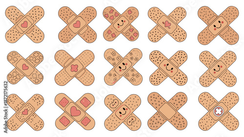 Large collection of diverse adhesive bandages featuring cute heart patterns, smiley faces, and colorful designs for children and medical care.
