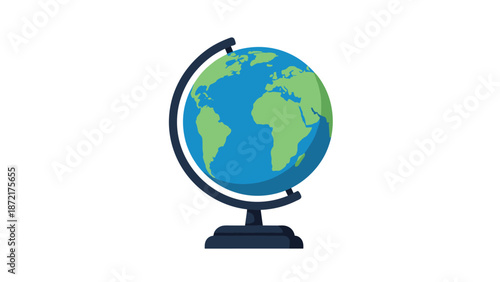 Classic desktop world globe on a dark stand showing blue oceans and green continents for geography education and global travel planning.