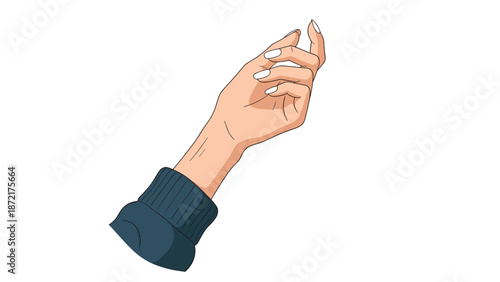 Elegant female hand reaching upwards with white manicured nails and a dark blue sweater sleeve for fashion and lifestyle photography.