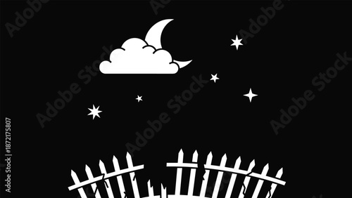 Night sky scene featuring a crescent moon and white clouds with stars over a broken wooden picket fence in a black and white style.