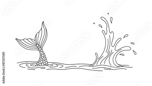 Simple line art drawing of a mermaid tail emerging from the ocean with water splashing on the side in a clean black and white style.