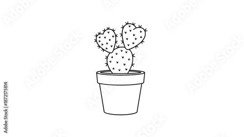 Prickly pear cactus illustration with heart shaped pads in a ceramic flower pot features simple black line art on a white background.
