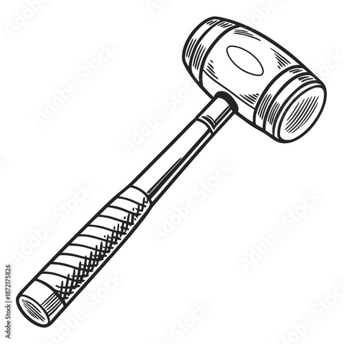 Detailed black and white sketch shows a mallet with a textured grip on a white background