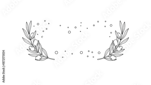 Decorative branch element with olives and leaves in a symmetrical laurel style with floating circles for a simple design frame.