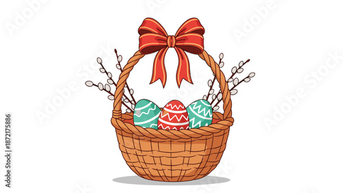 Wicker basket filled with decorated Easter eggs and pussy willow branches topped with a large red ribbon bow on the top handle.