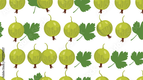 Seamless pattern of green gooseberry fruits with leaves scattered across a white background in a flat vector art style design.