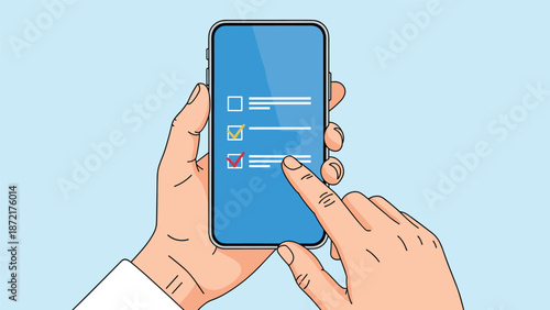 Hands holding a smartphone with a digital survey or checklist displayed on a blue screen with various check mark icons below.