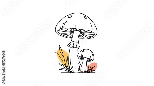 Line art drawing of two mushrooms in the grass with abstract orange and yellow shapes in the background for a decorative element.
